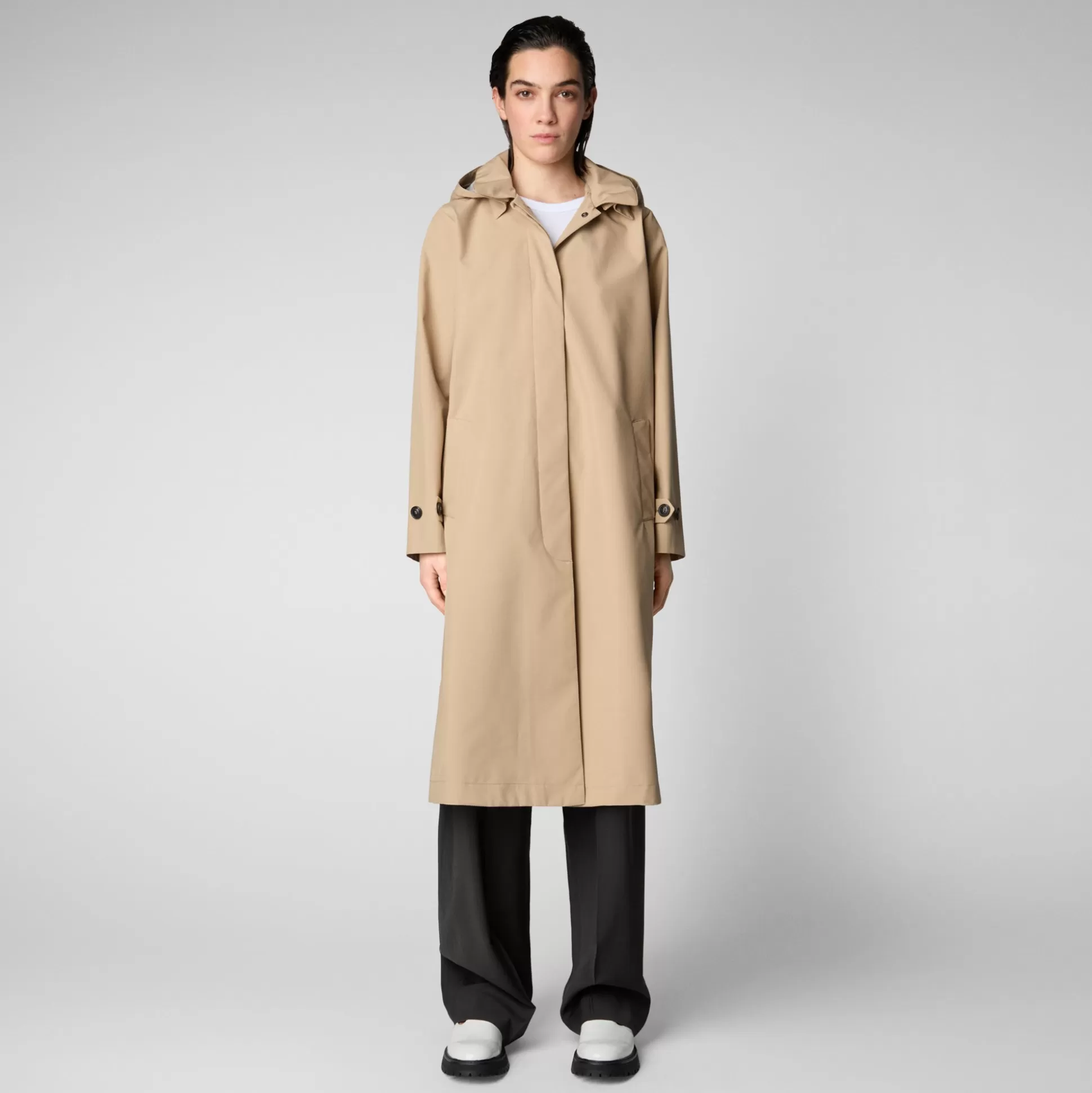 Save The Duck Women's Asia Hooded Trench Coat In Stardust Beige-Women Rain Jackets