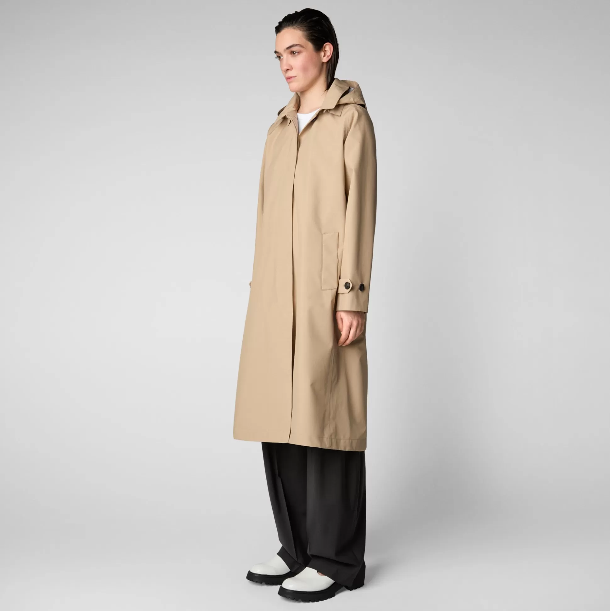 Save The Duck Women's Asia Hooded Trench Coat In Stardust Beige-Women Rain Jackets